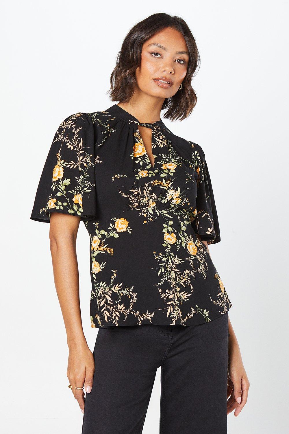 womens black floral twist neck keyhole blouse