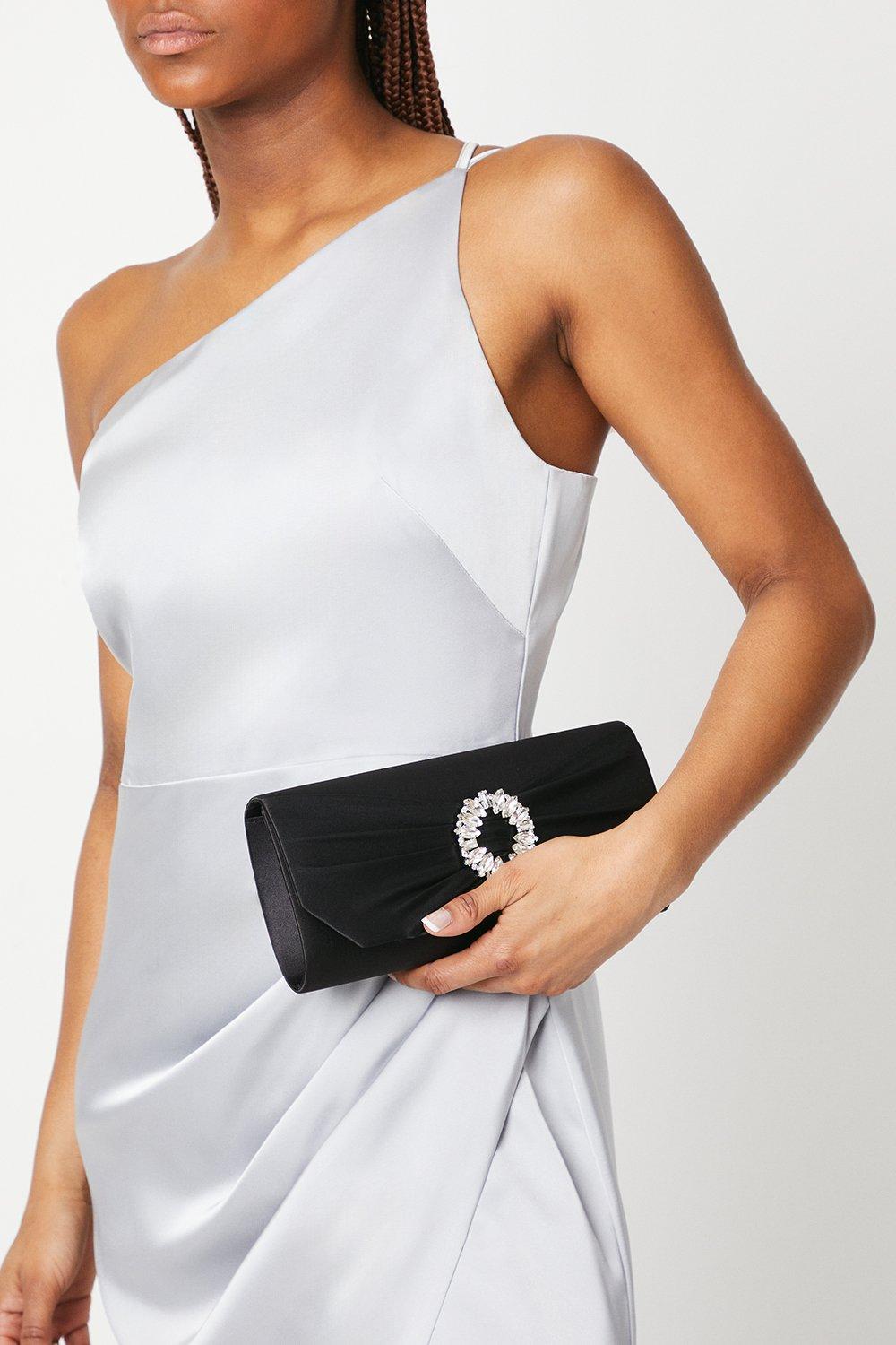 Women’s Tyla Diamante Trim Satin Clutch Bag - black - One Size