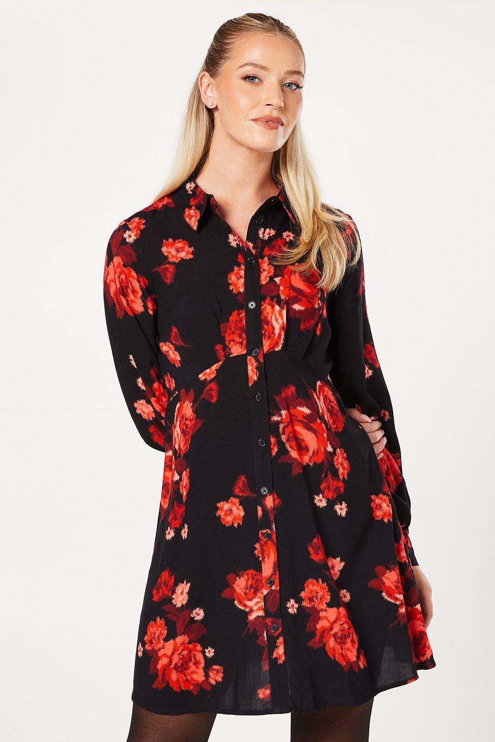 Womens Floral Empire Half Placket Mini Shirt Dress