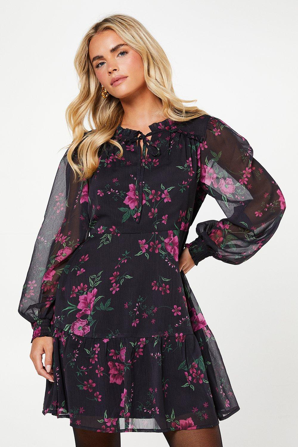 Womens Petite Pink Spaced Floral Chiffon Ruffle Hem Long Sleeve Mini Dress