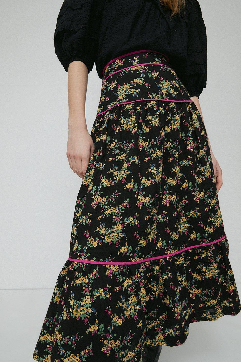 Skirts | Trailing Floral Binding Detail Midi Skirt | Warehouse