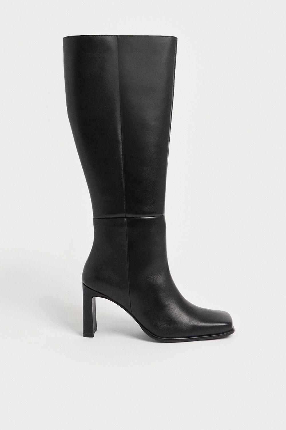 Warehouse Premium Leather Squared Toe Knee High Boots | Debenhams