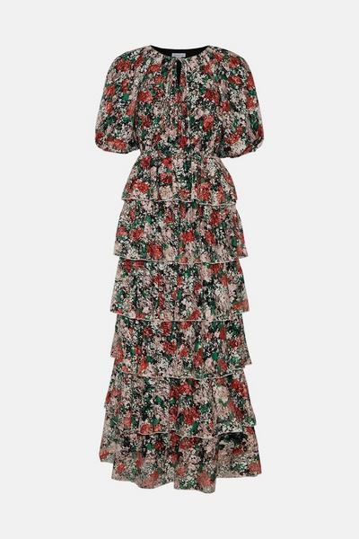 Warehouse multi Floral Print Lace Midi Dress