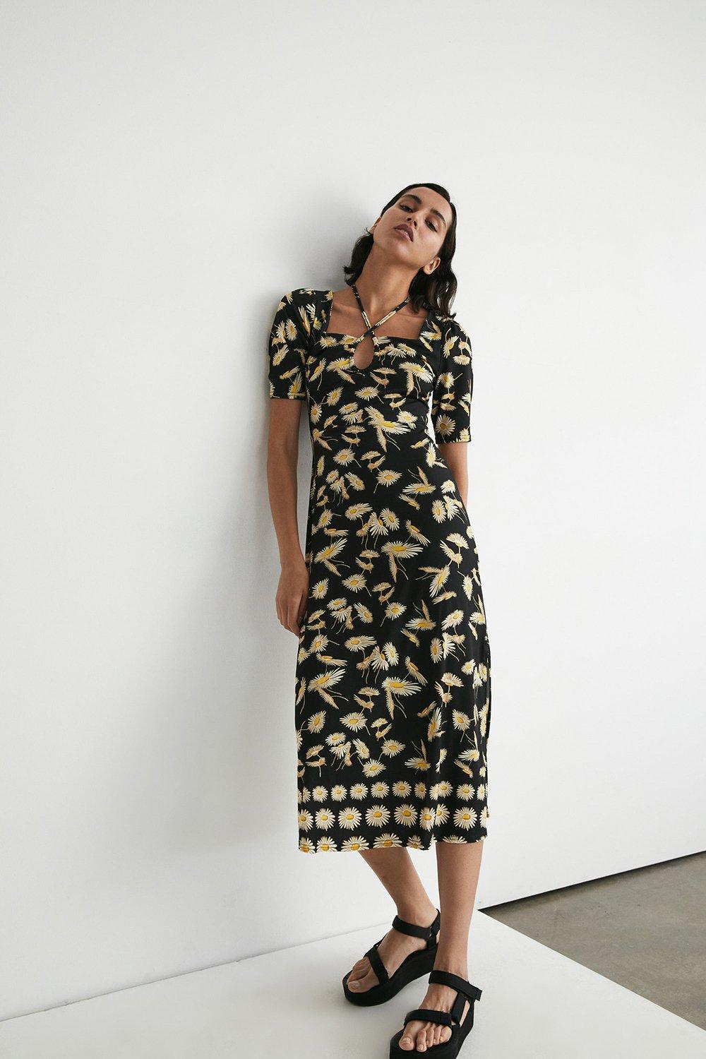 Dresses | Floral Placement Print Keyhole Midi Dress | Warehouse