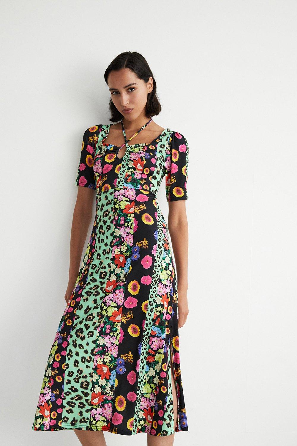 Dresses | Floral Placement Print Keyhole Midi Dress | Warehouse