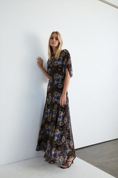 Warehouse blue Scarf Print Chiffon Empire Line Maxi Dress