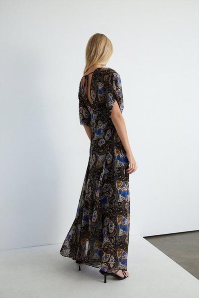 Warehouse blue Scarf Print Chiffon Empire Line Maxi Dress