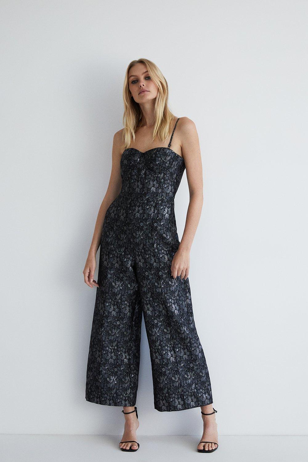 Jumpsuits | Silver Jacquard Corset Jumpsuit | Warehouse