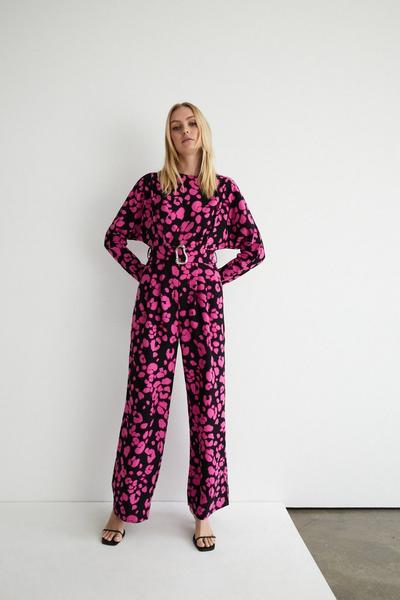 Warehouse multi Animal Relaxed Sleeve Belted Jumpsuit