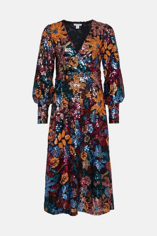 Dresses | Floral Sequin V Neck Midi Dress | Warehouse