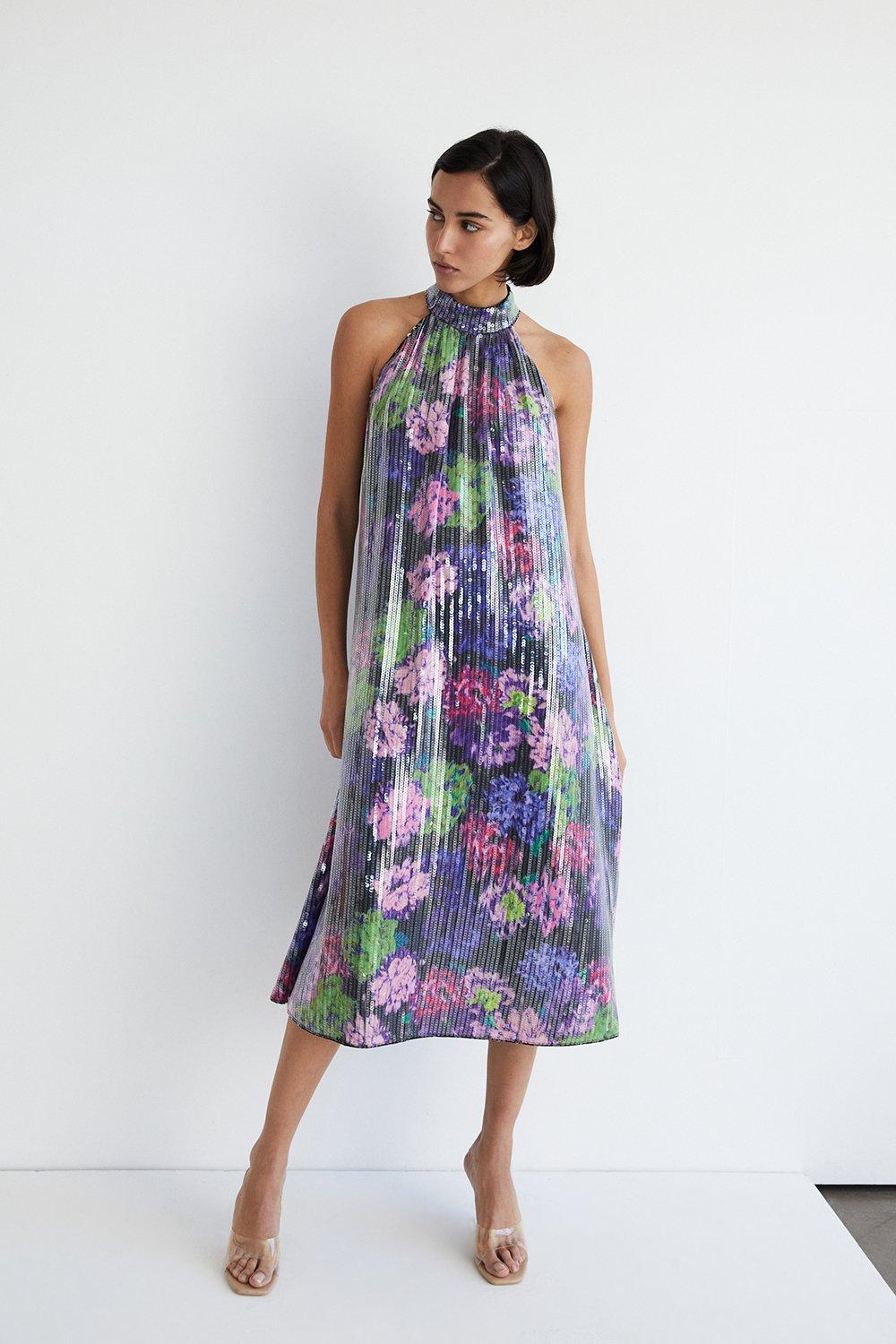 Dresses Printed Sequin Halterneck Midi Dress Warehouse