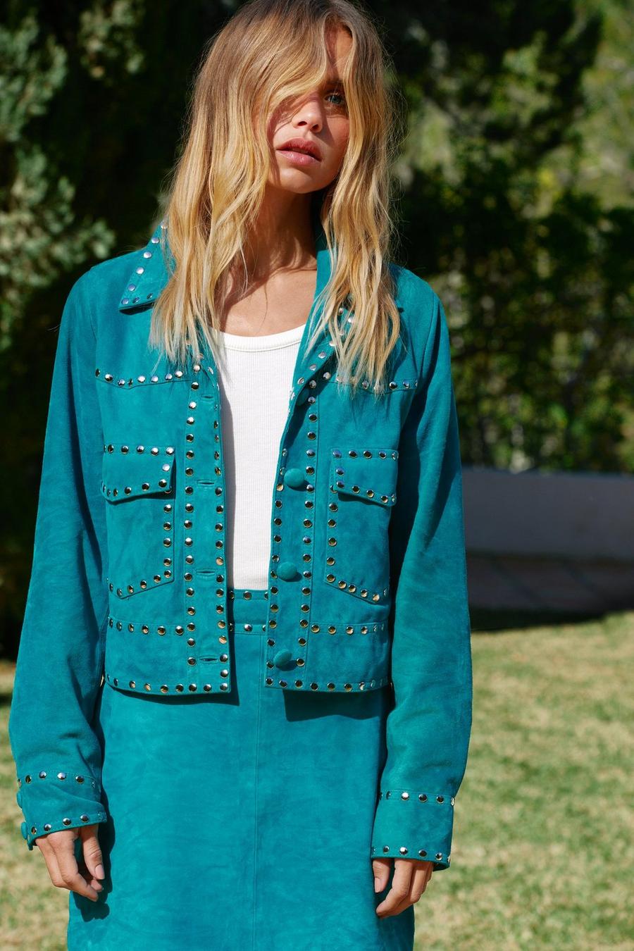 Turquoise blue Real Suede Studded Cropped Jacket