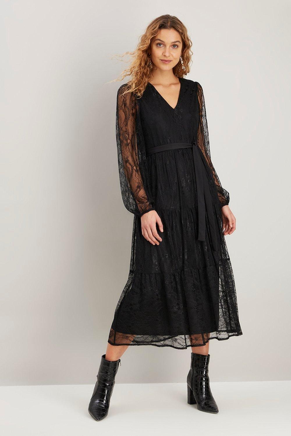 Dresses | Black Lace Midi Dress | Wallis