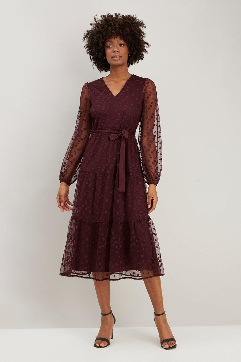 Dresses | Purple Dobby Spot Midi Dress | Wallis