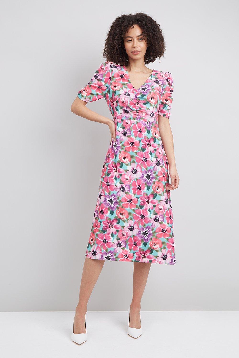Wallis Watercolour Floral Gathered Detail Midi Dress | Debenhams