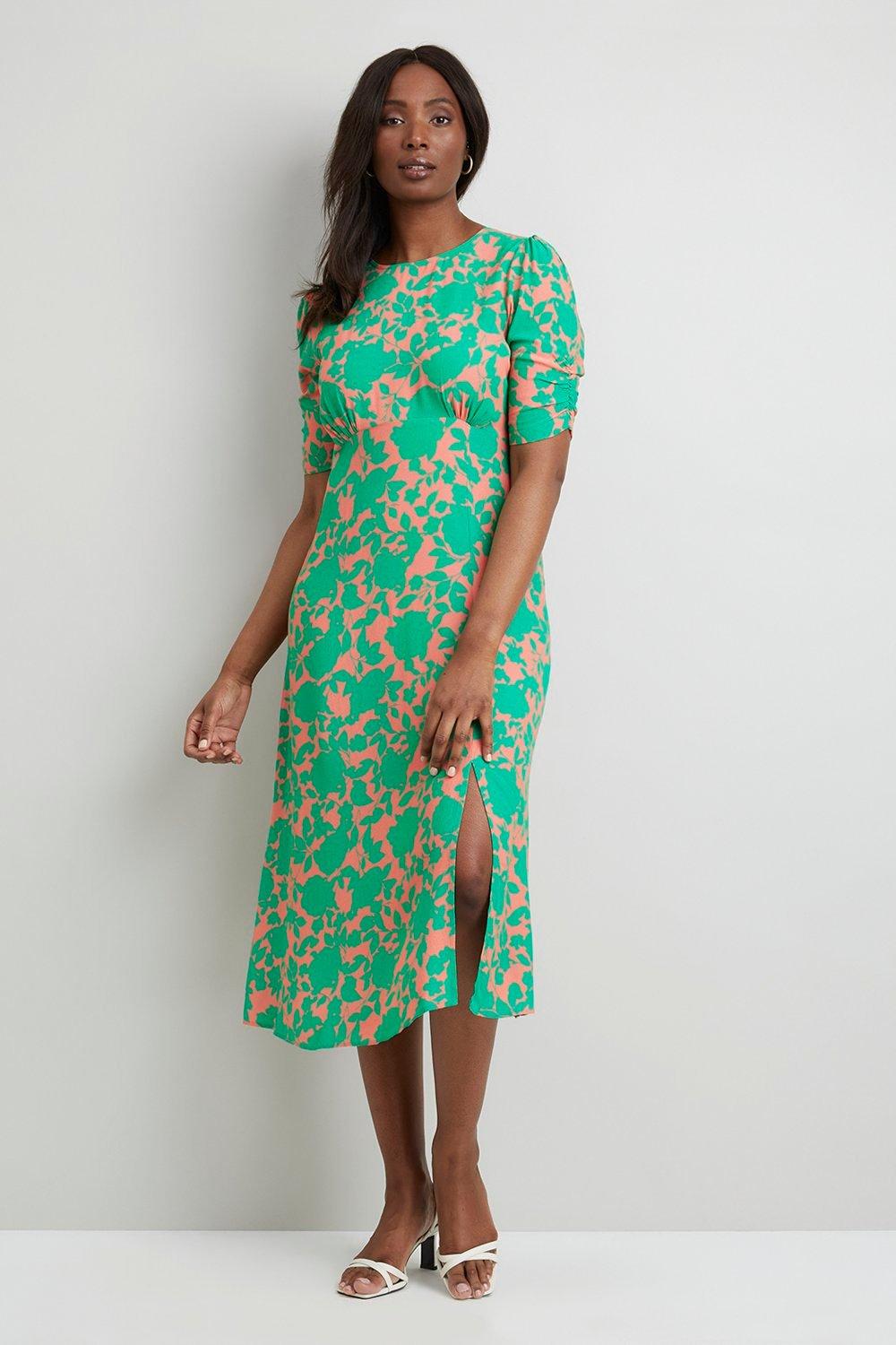 Wallis Green And Pink Ditsy Split Midi Dress | Debenhams