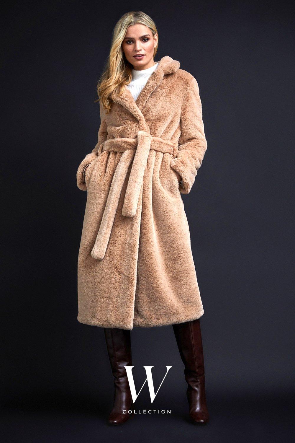 Wallis Camel Faux Fur Wrap Belted Midi Coat Debenhams 