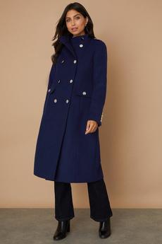 Wallis navy Double Breasted Funnel Longline Military Coat