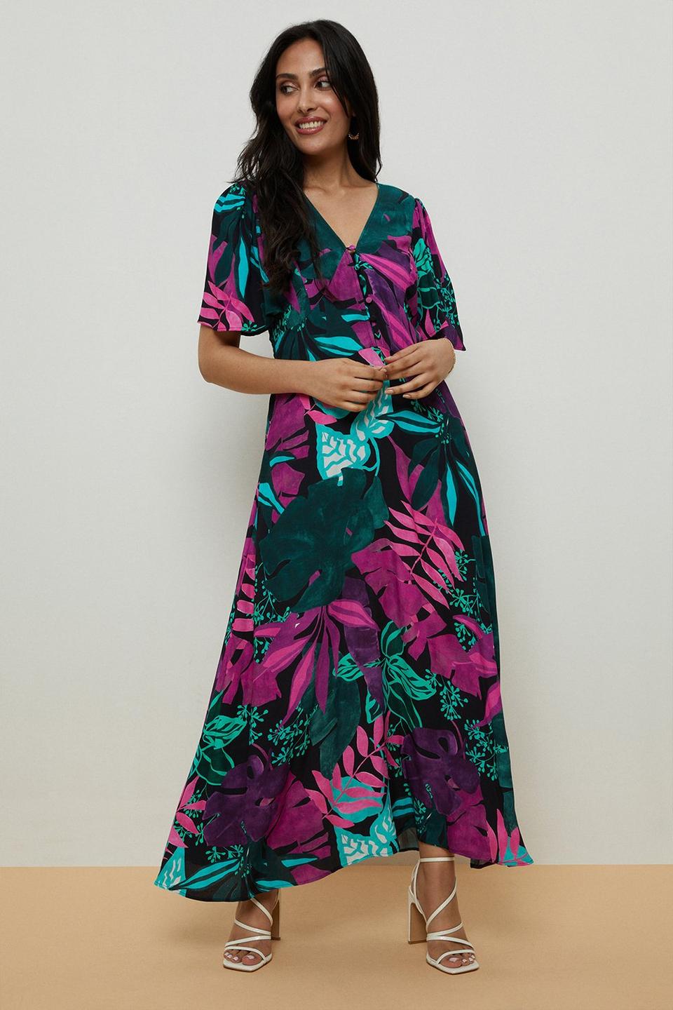 Dresses | Petite Purple Palm Midi Tea Dress | Wallis