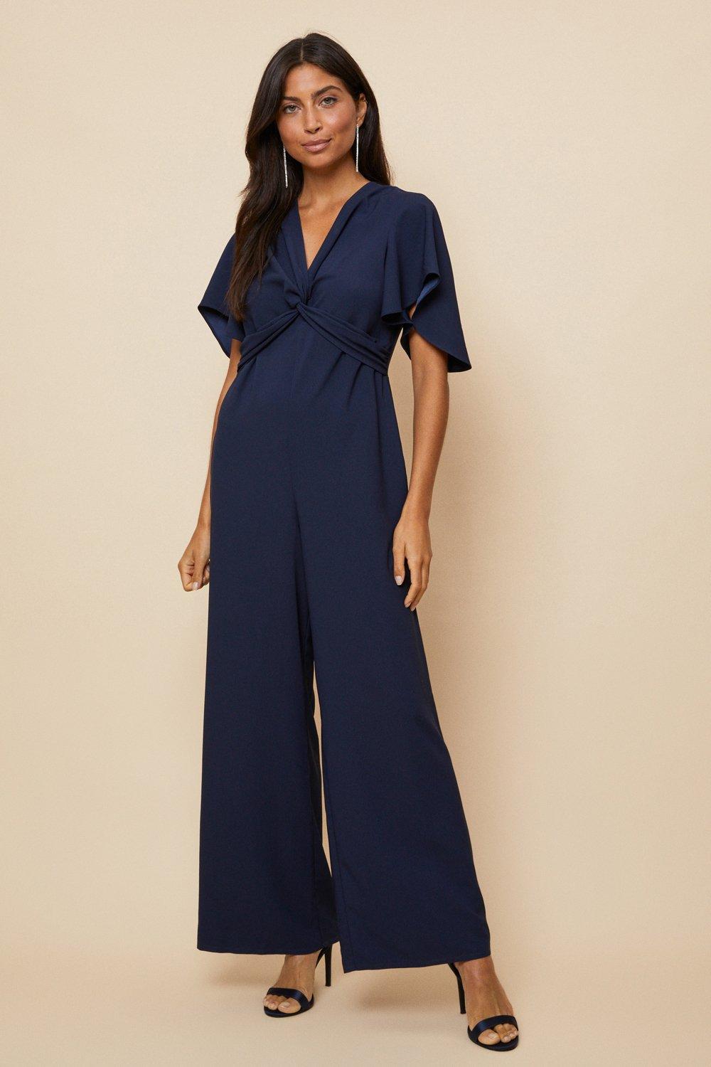 Jumpsuits | Navy Satin Twist Detail Angel Sleeve Jumpsuit | Wallis