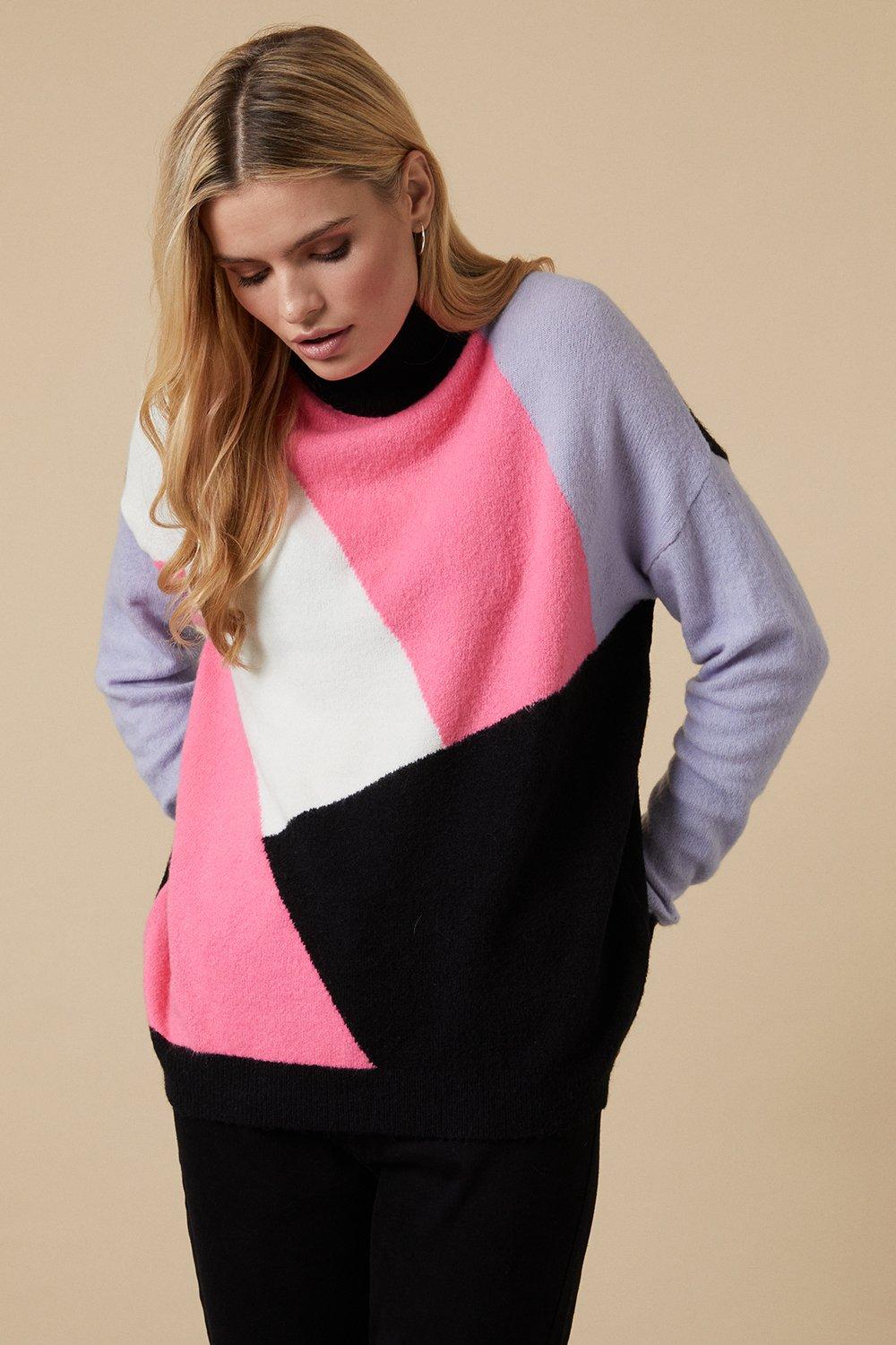 Jumpers & Cardigans | Diagonal Colour Block High Neck Jumper | Wallis