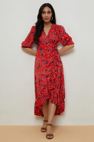 Wallis red Petite Red Abstract Wrap Ruffle Front Dress
