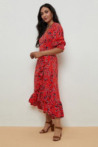 Wallis red Petite Red Abstract Wrap Ruffle Front Dress