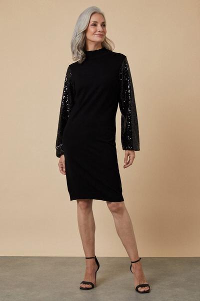 Wallis black Sequin Sleeve Black High Neck Knitted Dress