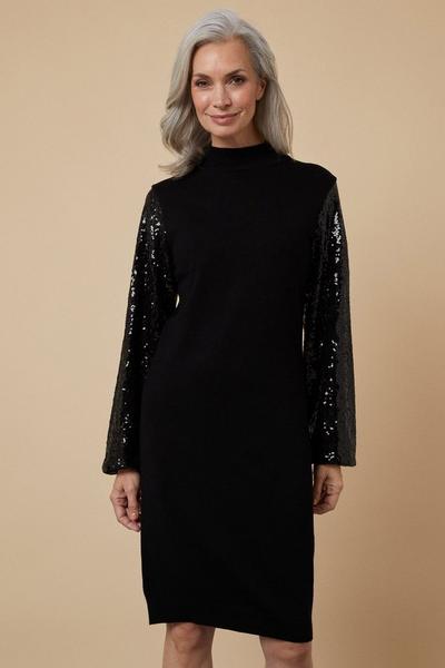 Wallis black Sequin Sleeve Black High Neck Knitted Dress