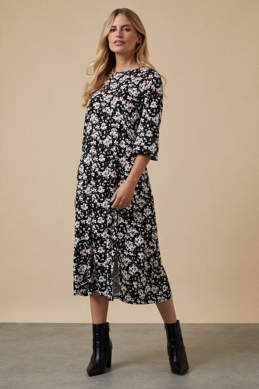 Dresses | Petite Black Floral Jersey Midi Dress | Wallis