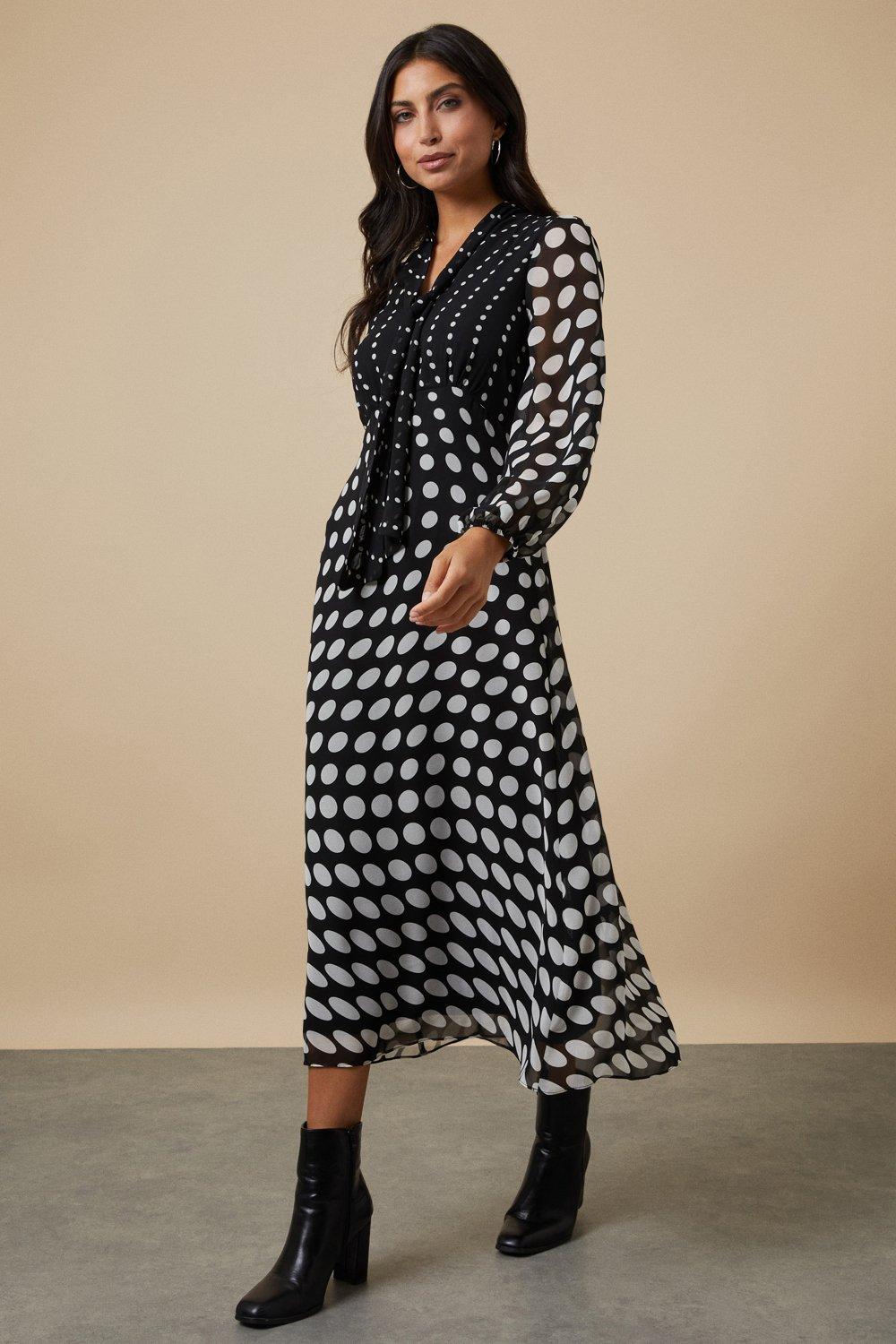 Dresses | Mono Ombre Spot Tie Neck Midi Dress | Wallis