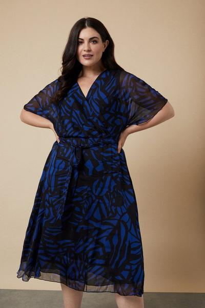 Wallis blue Curve Silk Mix Geo Wrap Midi Dress