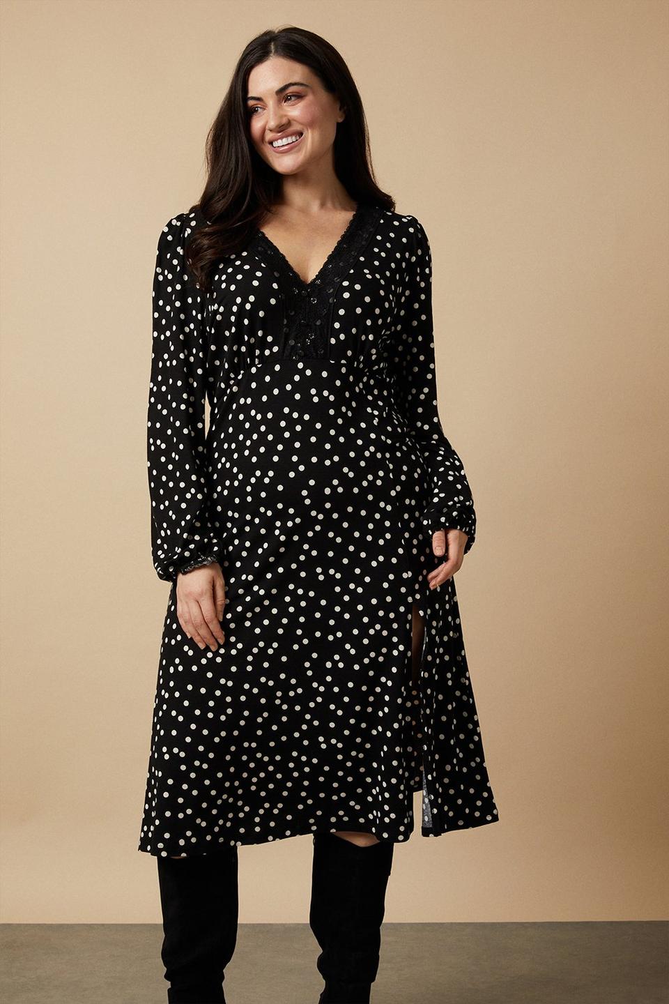 Dresses | Curve Mono Spot Lace Jersey Midi Dress | Wallis