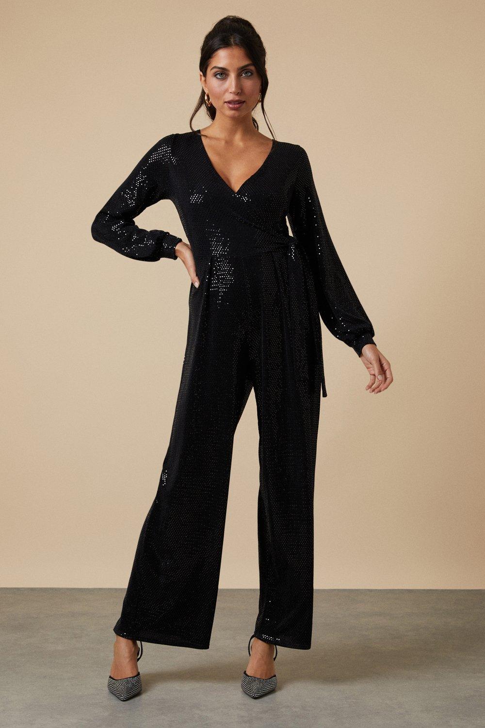 Jumpsuits | Sequin Long Sleeve Wrap Jumpsuit | Wallis