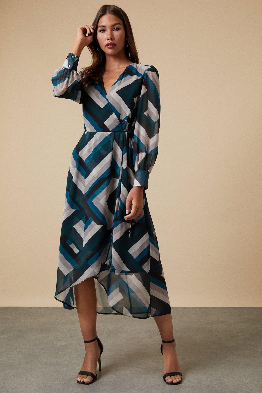 Dresses | Green Geometric Blouson Sleeve Wrap Dress | Wallis