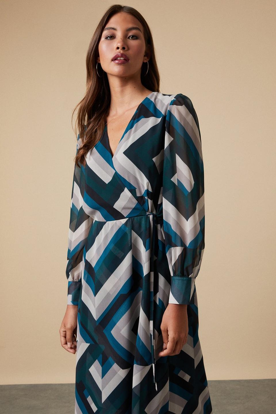 Dresses | Green Geometric Blouson Sleeve Wrap Dress | Wallis