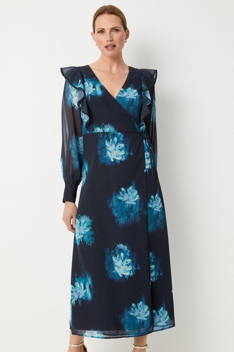 Dresses | Teal Blurred Floral Ruffle Neck Wrap Midi Dress | Wallis