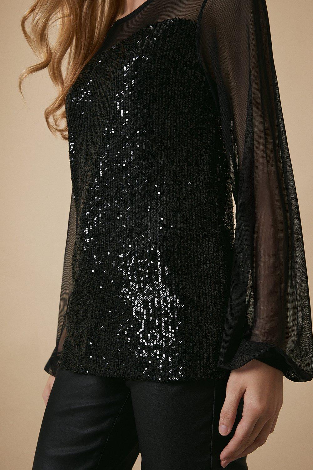 Wallis Tall Black Sequin Sheer Insert Top | Debenhams