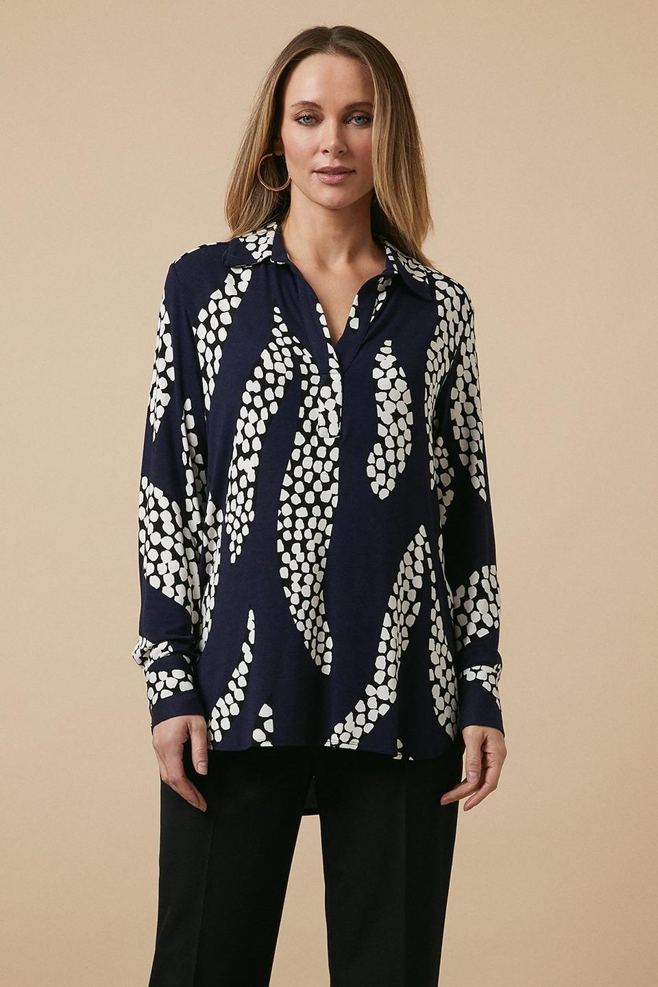 Shirts | Navy Spot Palm Print Collared Jersey Shirt | Wallis