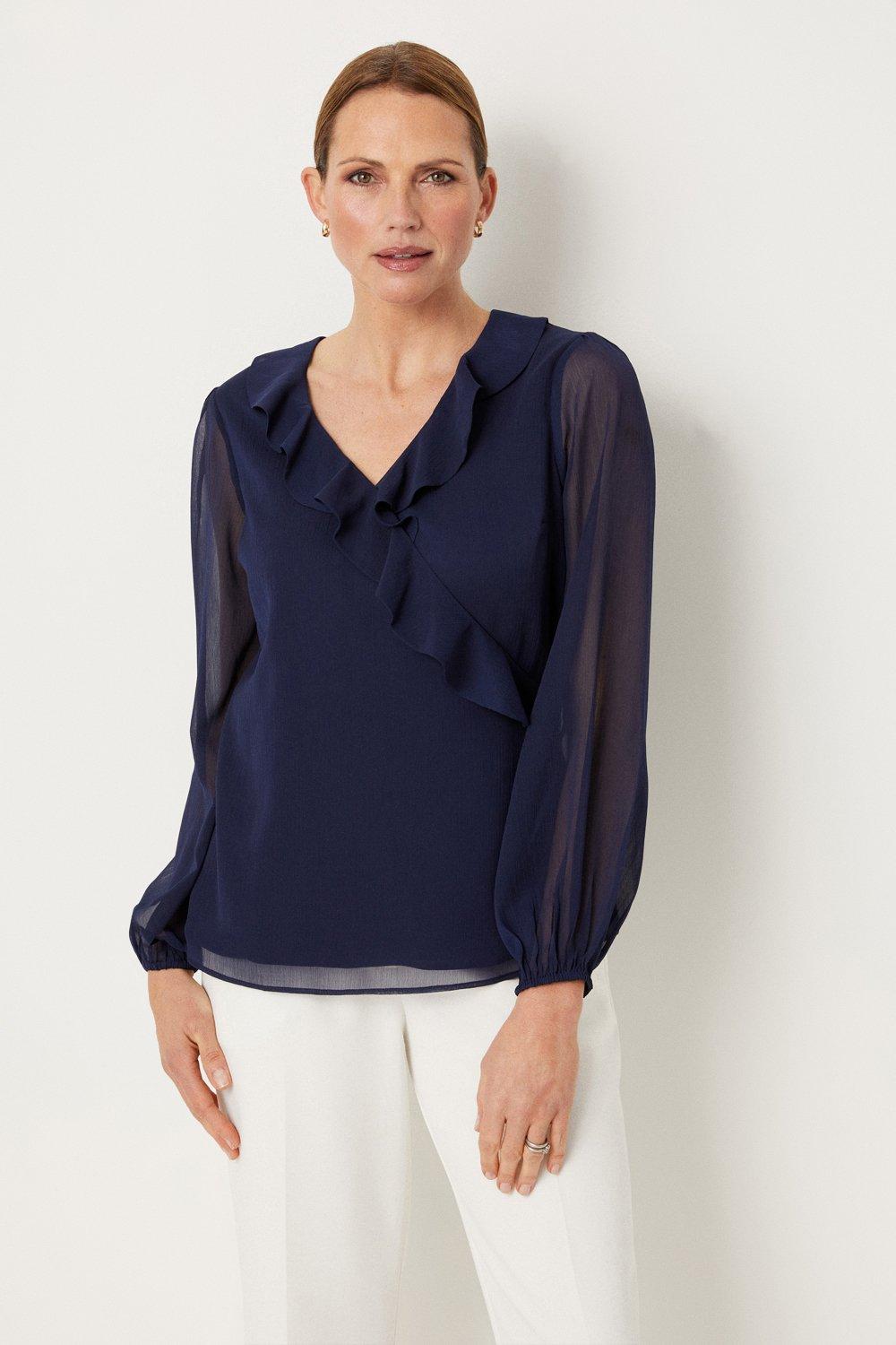 Tops | Navy Ruffle Wrap Top | Wallis