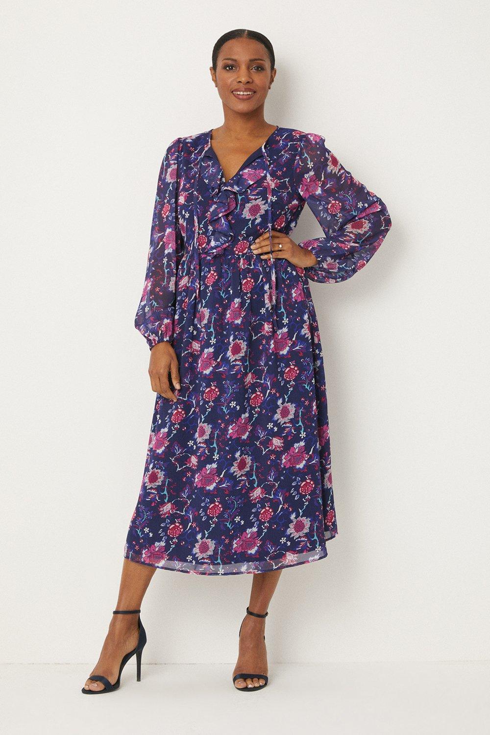 Dresses | Navy Floral Ruffle Midi Dress | Wallis