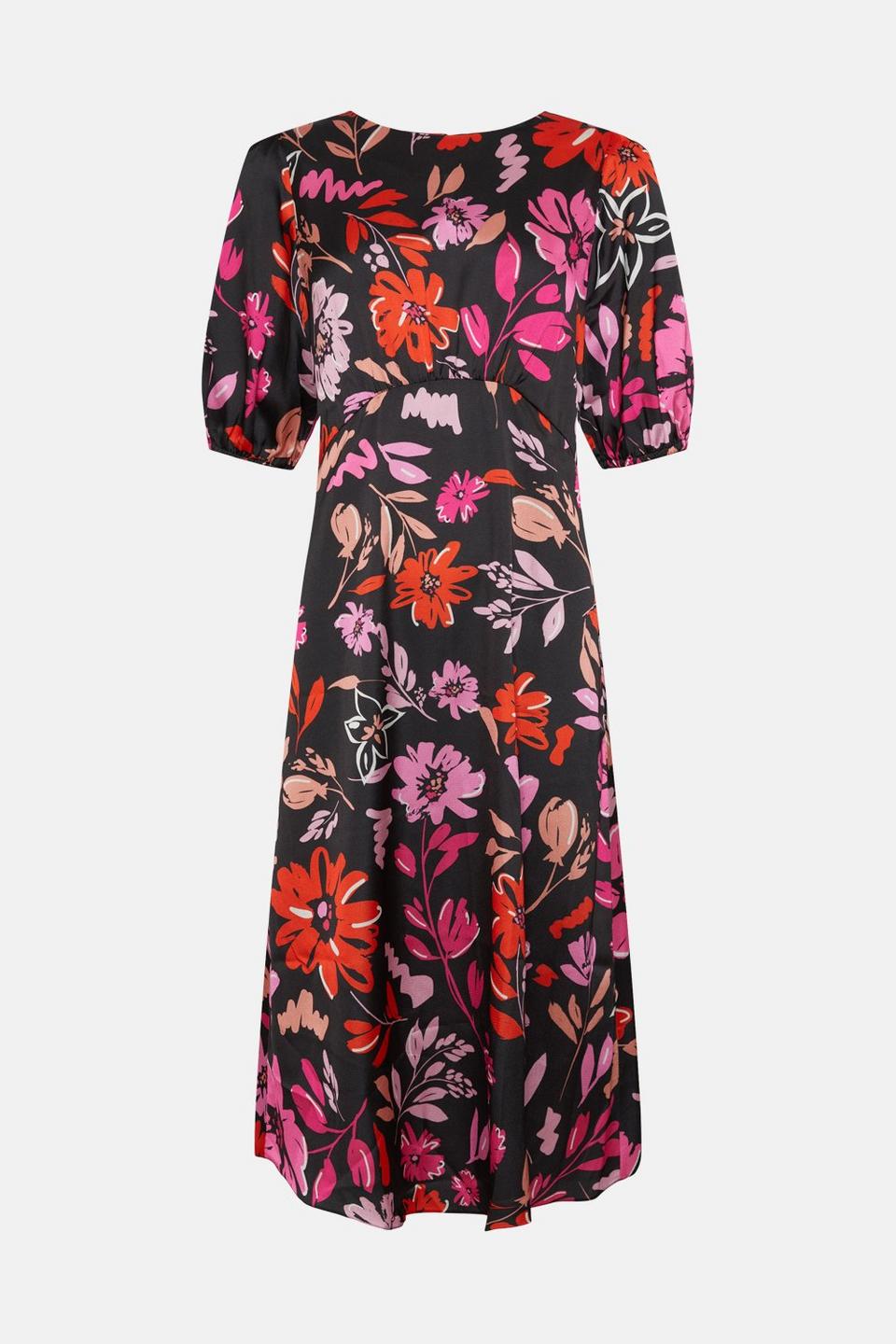 Dresses | Petite Pink Floral Puff Sleeve Satin Dress | Wallis