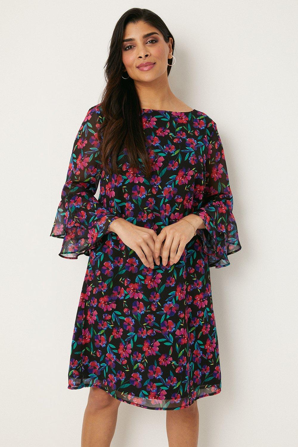 Dresses | Petite Multi Ditsy Floral Ruffle Sleeve Shift Dress | Wallis