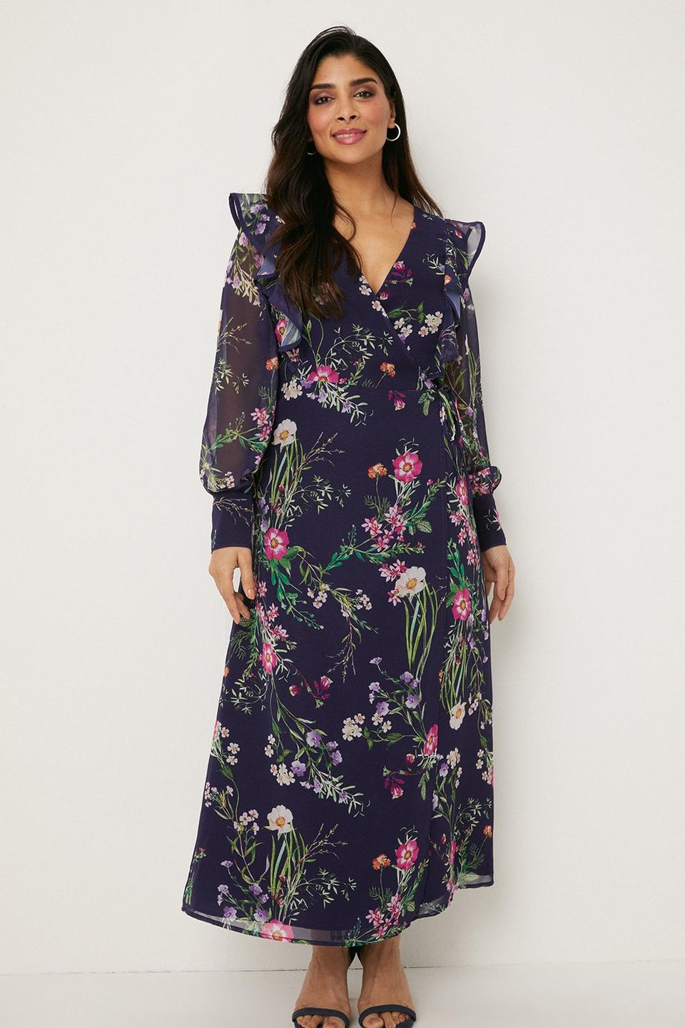Dresses | Petite Navy Floral Ruffle Front Wrap Midi Dress | Wallis