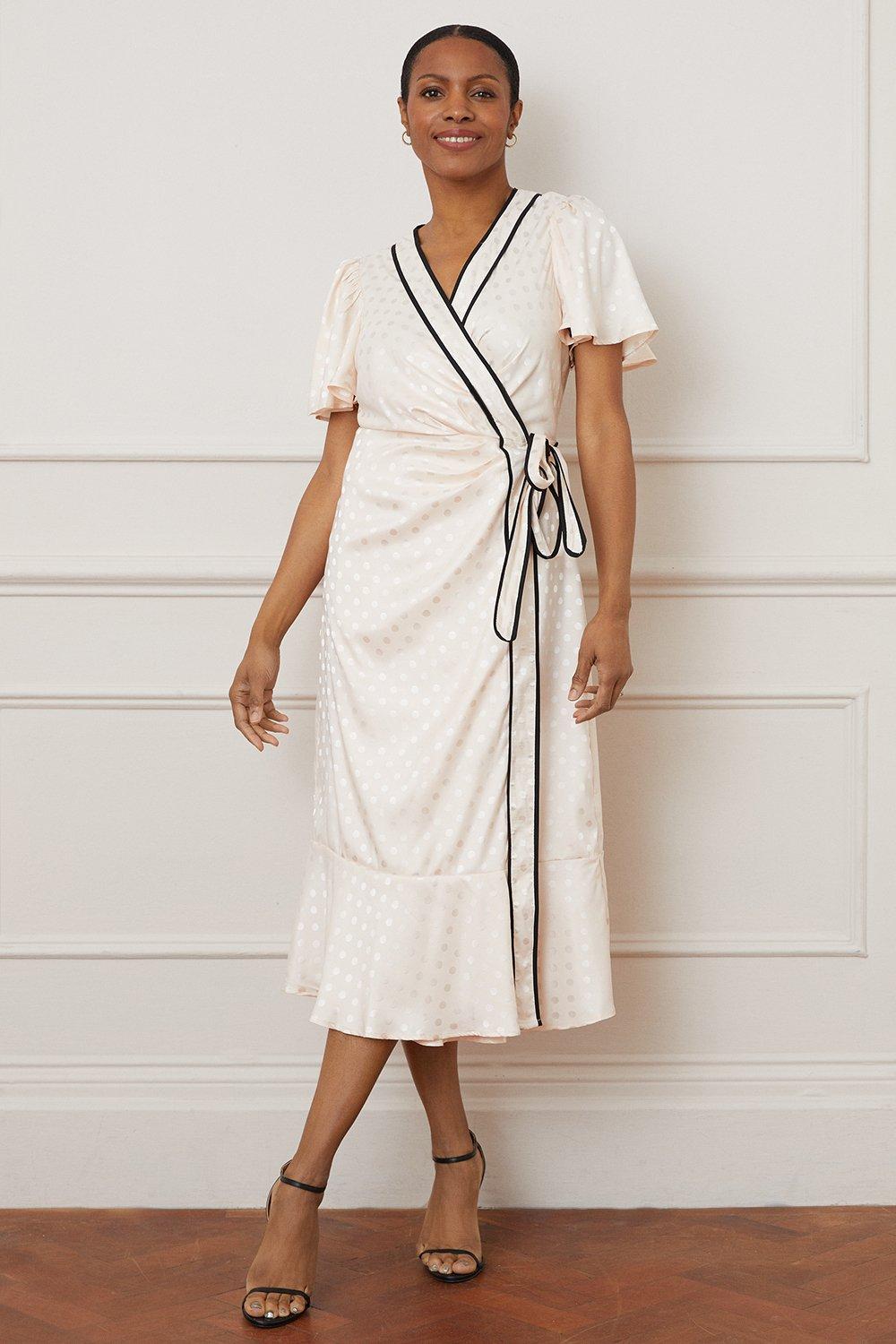 Dresses Jacquard Spot Contrast Wrap Midi Dress Wallis 