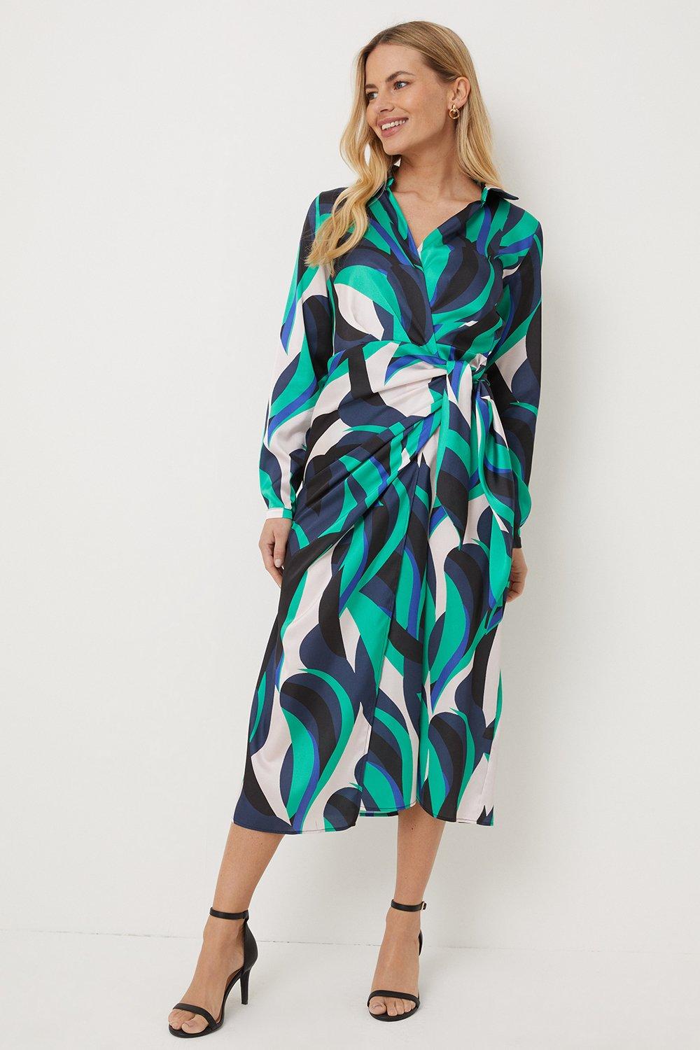 Dresses | Petite Blue Swirl Geo Satin Print Dress | Wallis