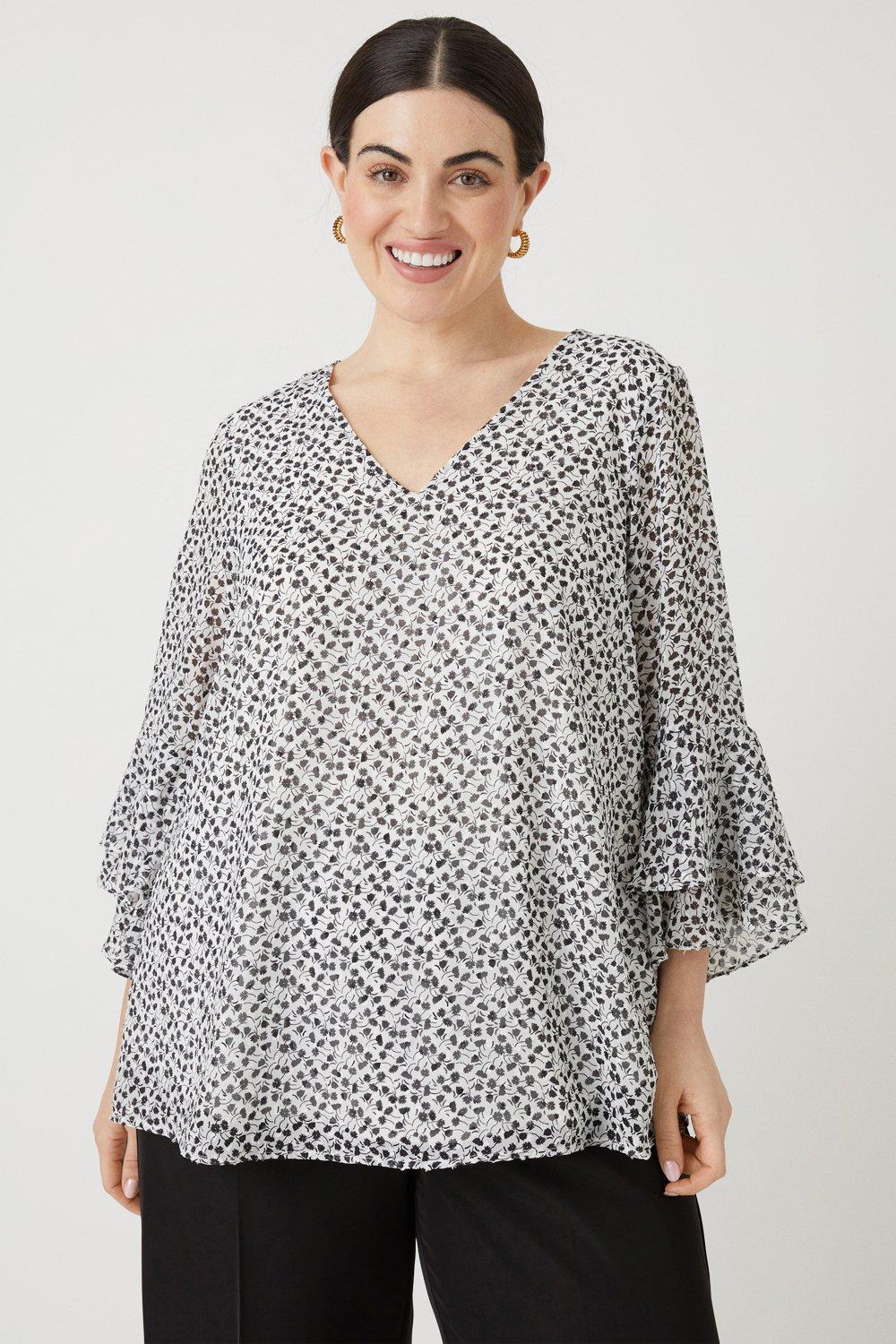 Tops | Curve V Neck Ruffle Sleeve Blouse | Wallis