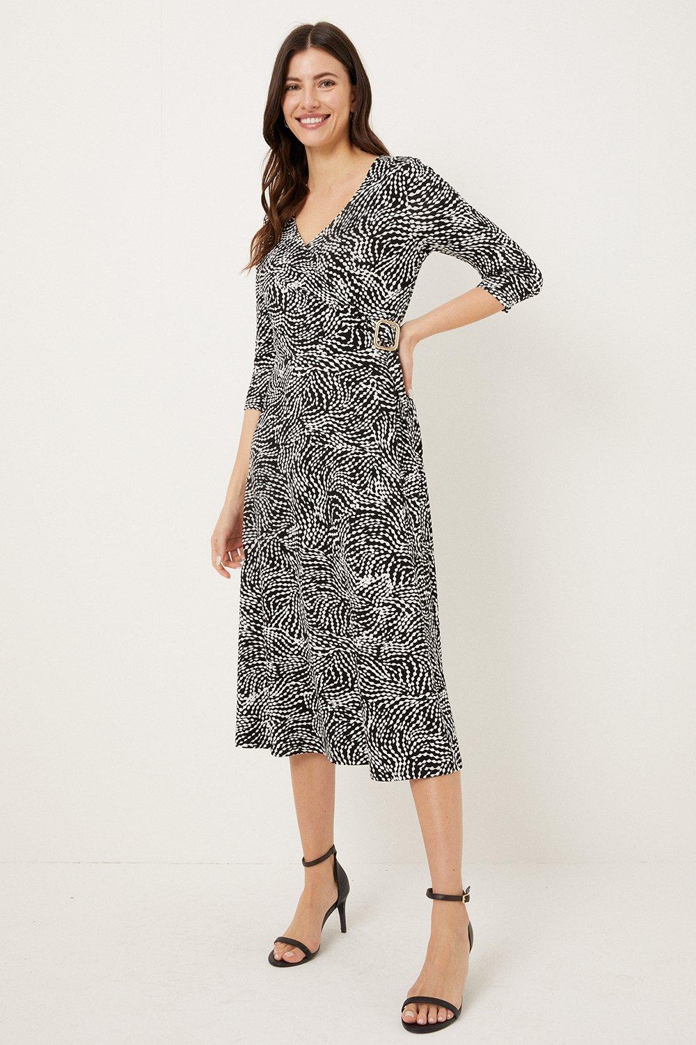 Wallis Mono Print Jersey Buckle Wrap Dress | Debenhams image.