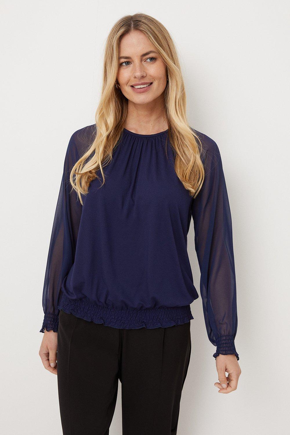 Tops | Petite Navy Chiffon Sleeve Jersey Top | Wallis