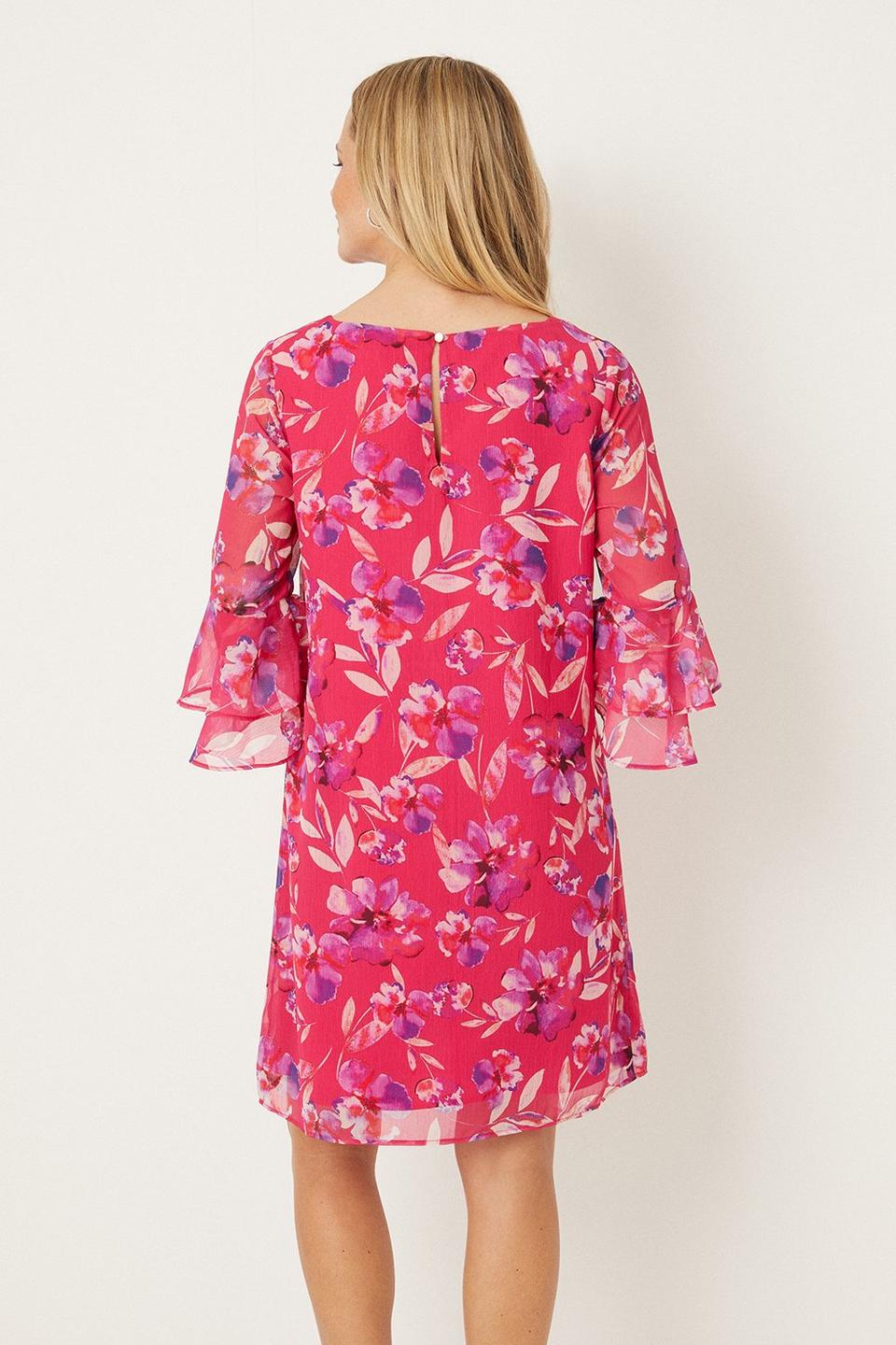 Dresses | Petite Pink Watercolour Floral Ruffle Sleeve Shift Dress | Wallis